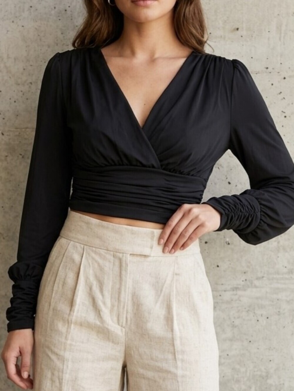 Express Conscious Edit Black Ruched Deep V-Neck Long Sleeve Crop Top XXS - NWOT!
